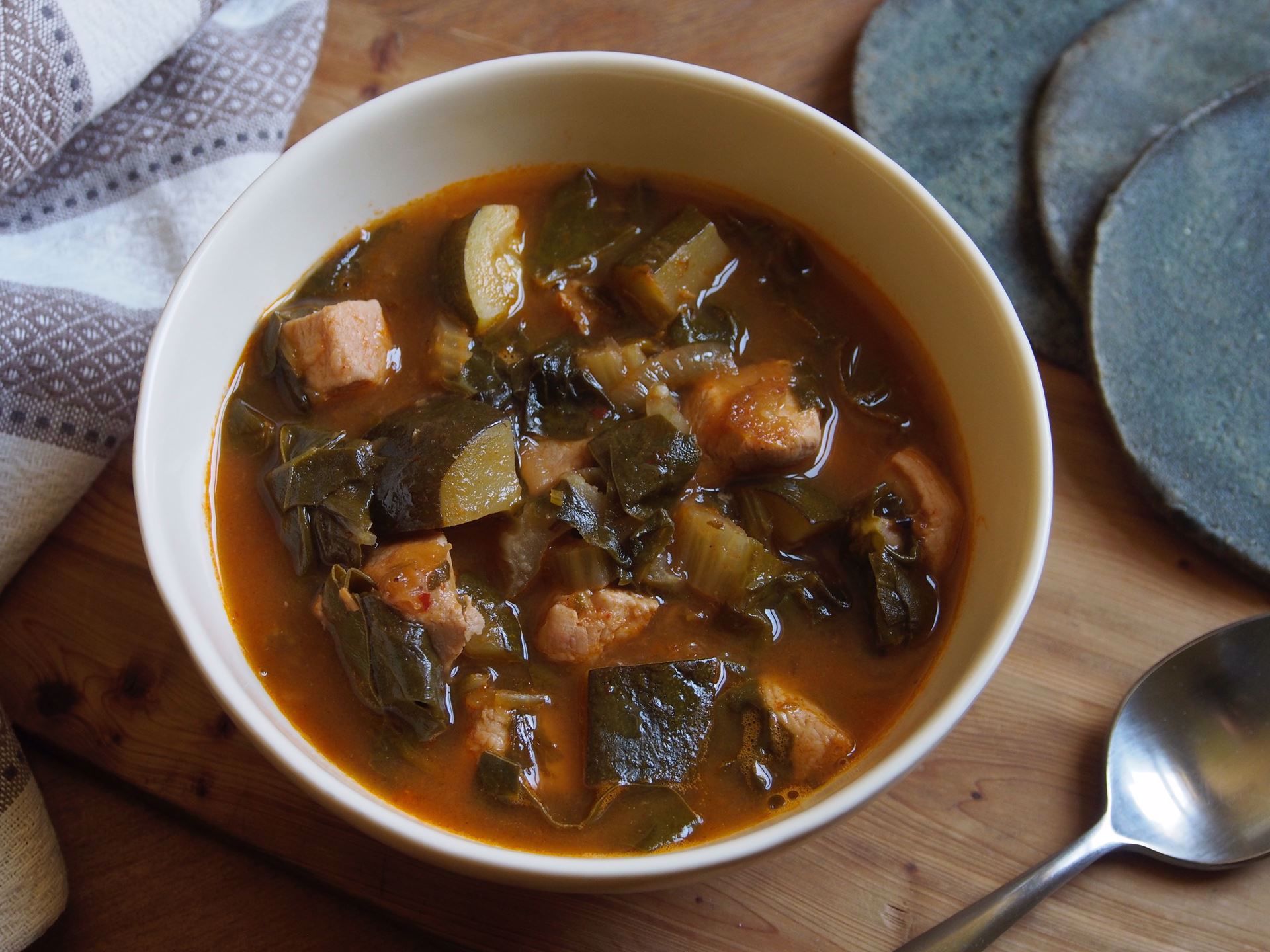 Picture of Chicken-Chile Soup  with Summer Squash and Chard -- 22 oz