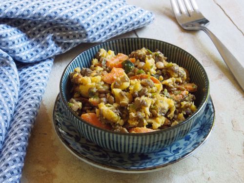 Picture of Roasted Vegetable and Sprouted Lentil Salad with Moroccan Flavors  (Vegan) -- 16 oz