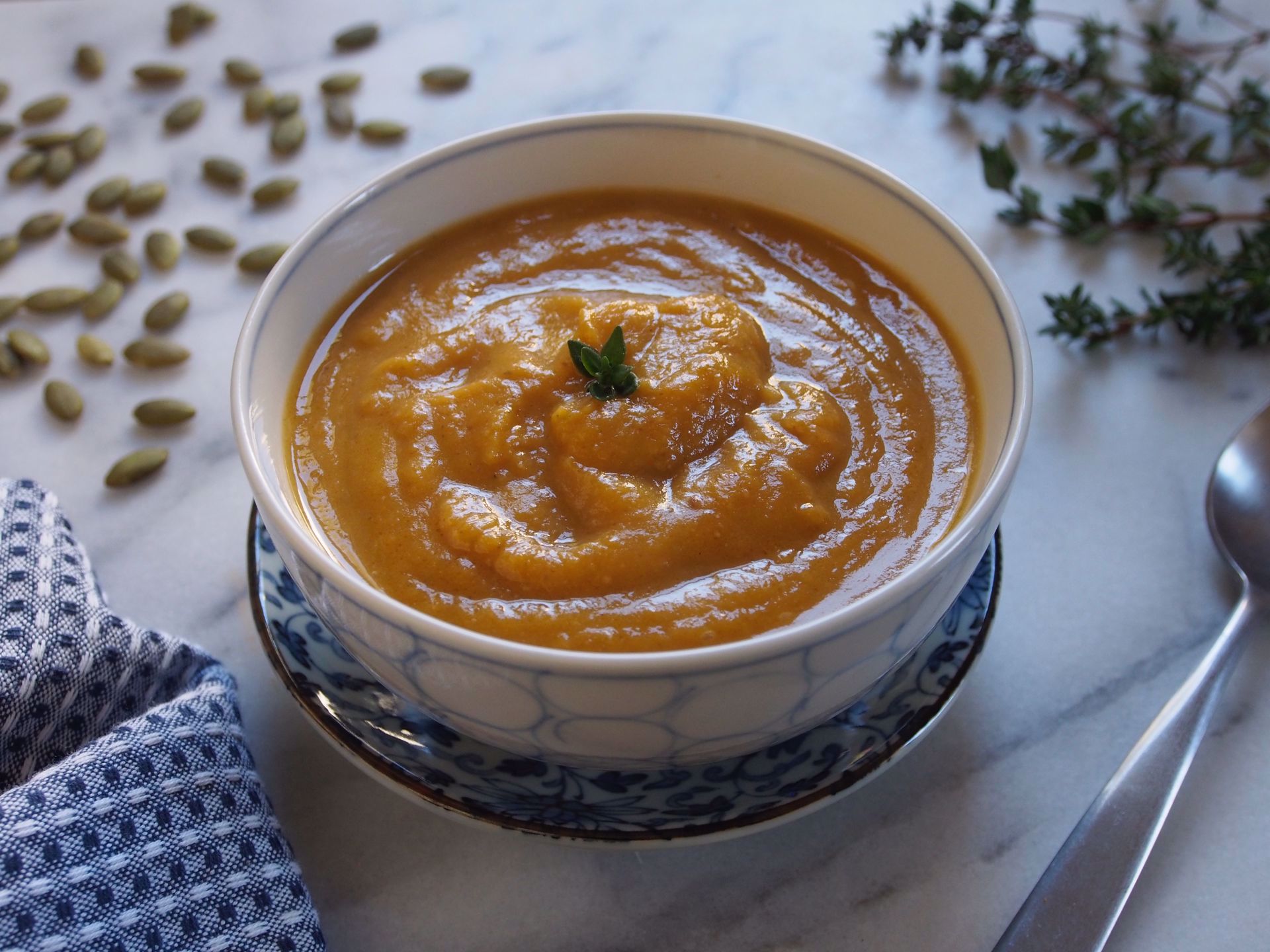 Picture of Butternut Squash Soup with Thyme and Pumpkin Seed Roux (Vegan) -- 22 oz