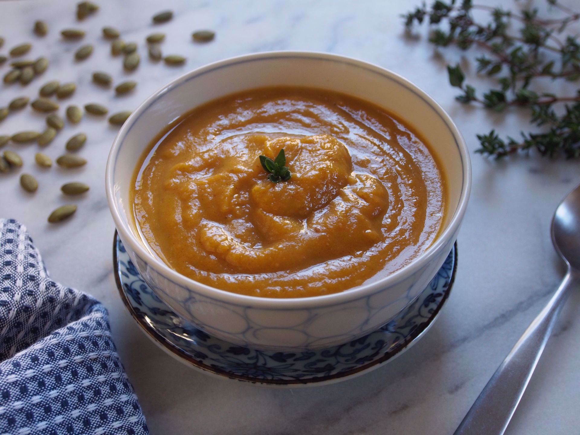 Picture of Frozen -- Butternut Squash Soup with Thyme and Pumpkin Seed Roux (Vegan)